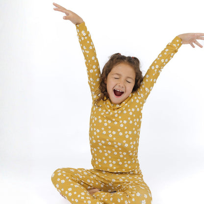 Golden Blooms Two-Piece Ribbed Bamboo Long Sleeve Kids Pajama Pants Set