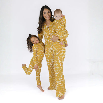 Golden Blooms Two-Piece Ribbed Bamboo Long Sleeve Kids Pajama Pants Set