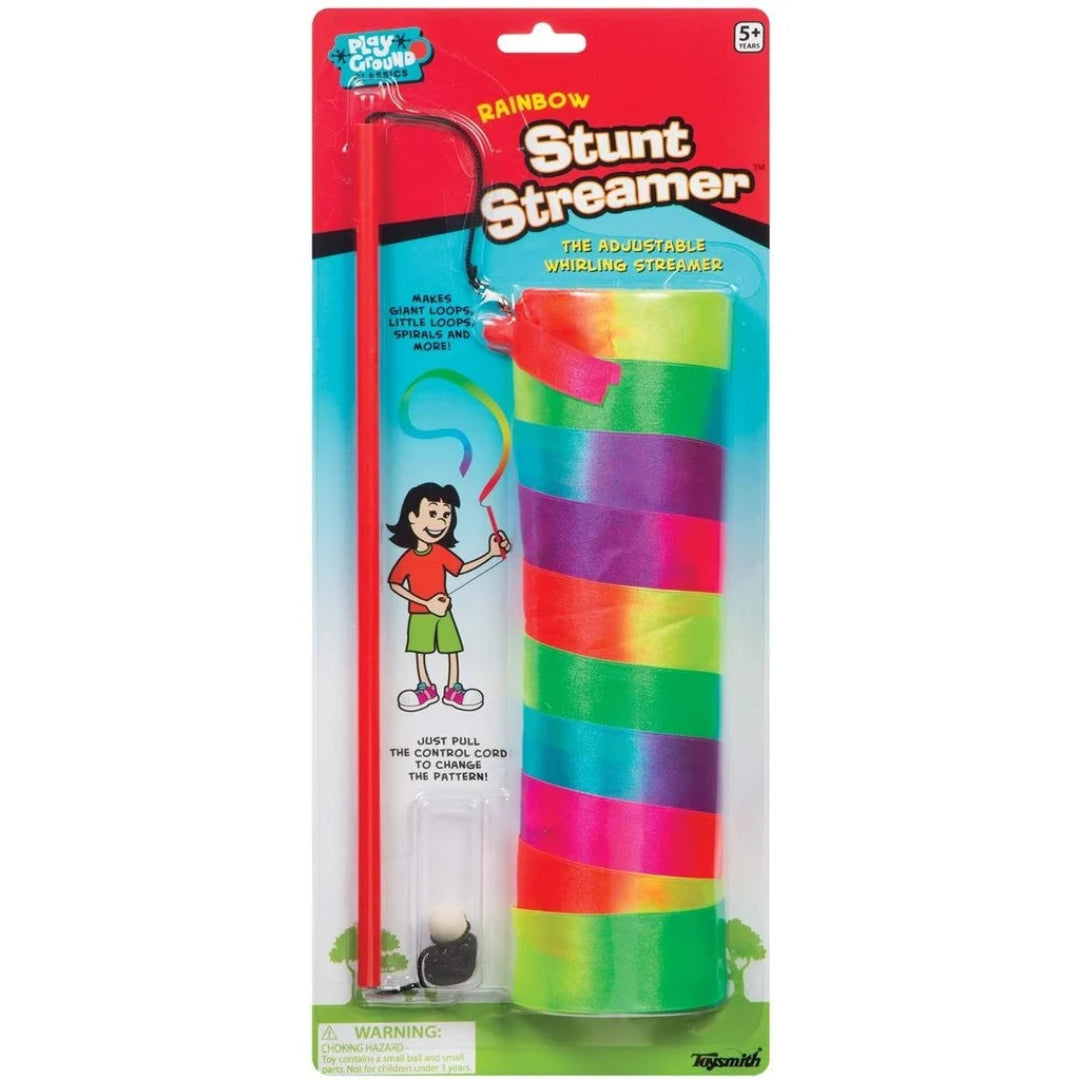 Packaged rainbow stunt streamer with colorful stripes from US Toy Company