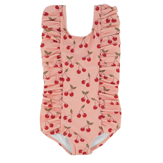 Pink swimsuit with cherry pattern on a white background