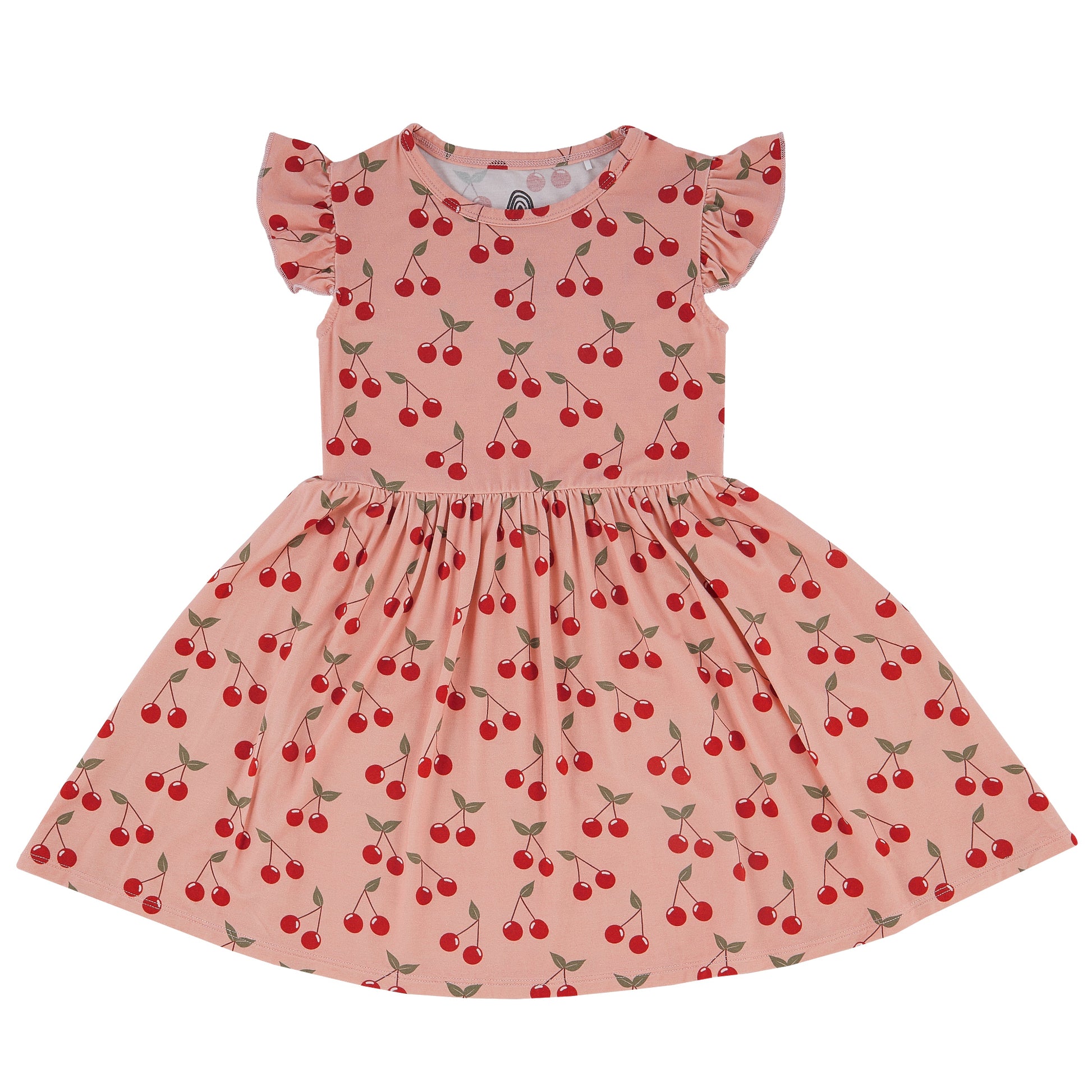 Pink dress with cherry pattern on a white background
