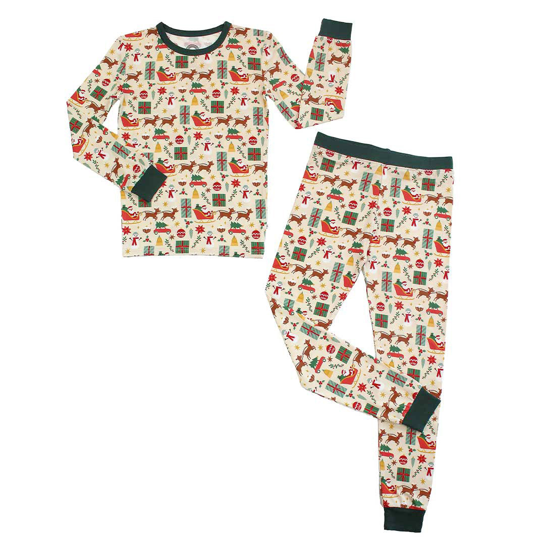 Vintage Christmas Two-Piece Bamboo Long Sleeve Kids Pajama Pants Set