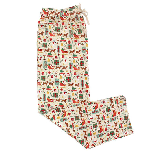 Relaxed fit lounge pants with a vintage Christmas print, featuring holiday motifs such as Santa Claus and Christmas trees on a beige background.
