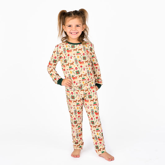 Vintage Christmas Two-Piece Bamboo Long Sleeve Kids Pajama Pants Set