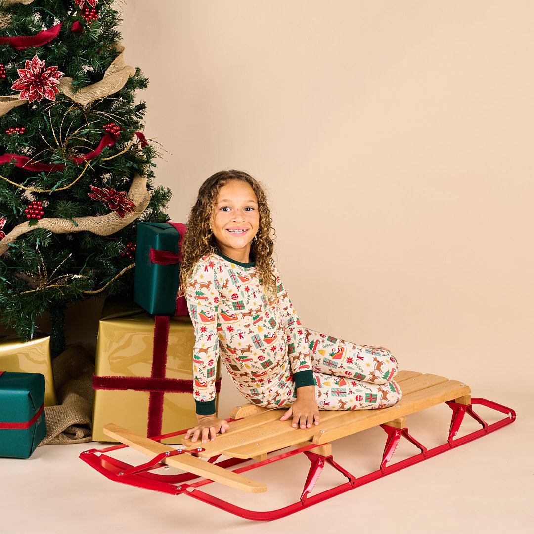 Vintage Christmas Two-Piece Bamboo Long Sleeve Kids Pajama Pants Set