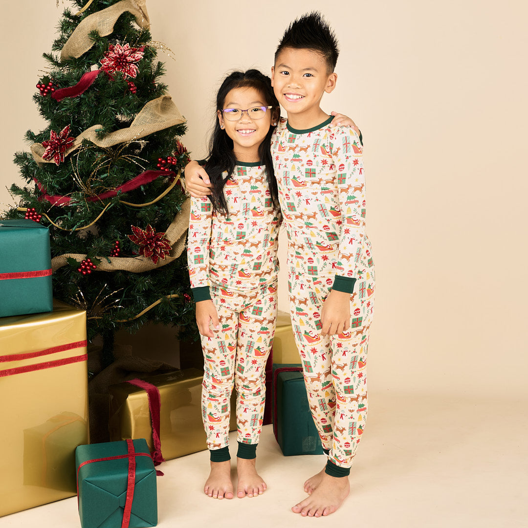 Vintage Christmas Two-Piece Bamboo Long Sleeve Kids Pajama Pants Set