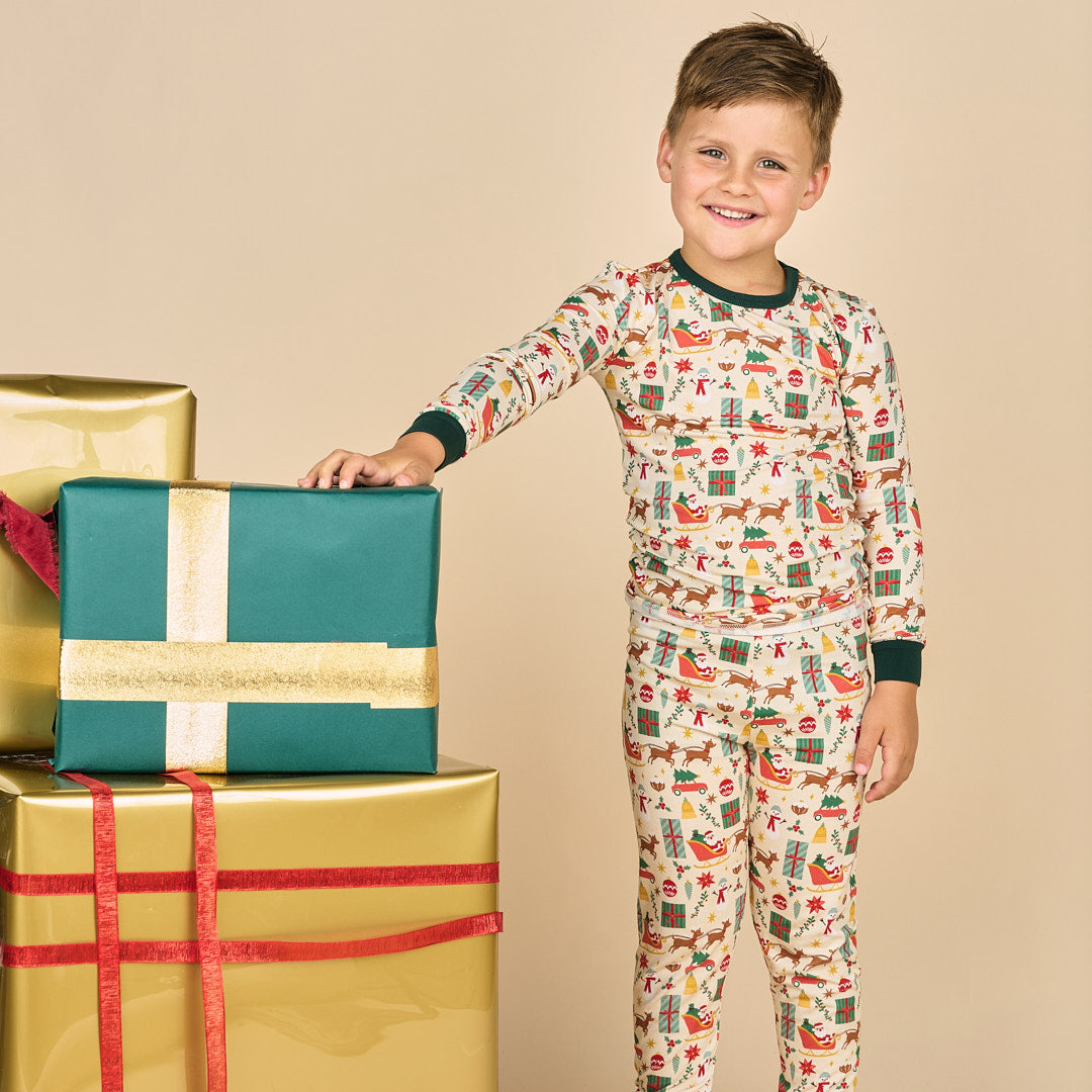 Vintage Christmas Two-Piece Bamboo Long Sleeve Kids Pajama Pants Set