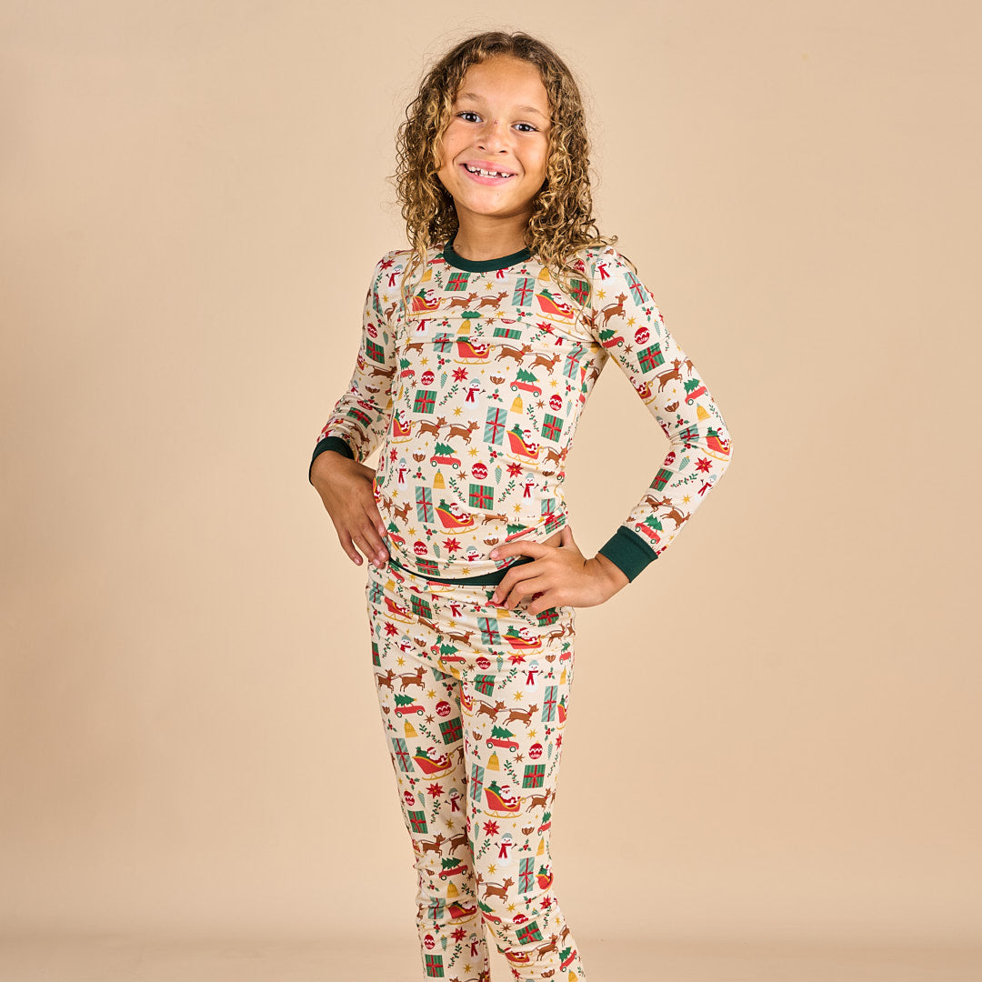 Vintage Christmas Two-Piece Bamboo Long Sleeve Kids Pajama Pants Set