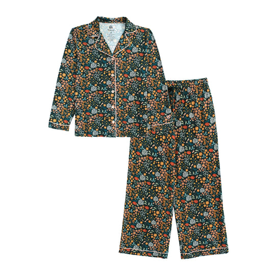 dark green women's pajama set with floral print on white background.