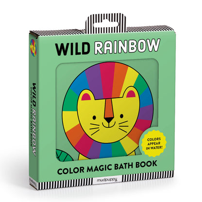 Colorful bath book packaging with a lion illustration and 'Wild Rainbow' text.