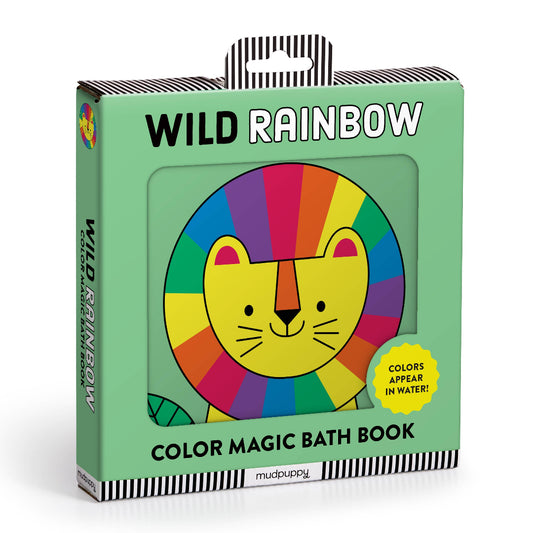Colorful bath book packaging with a lion illustration and 'Wild Rainbow' text.