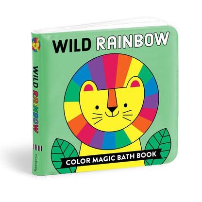 Colorful bath book with a lion illustration and 'Wild Rainbow' text on a green background