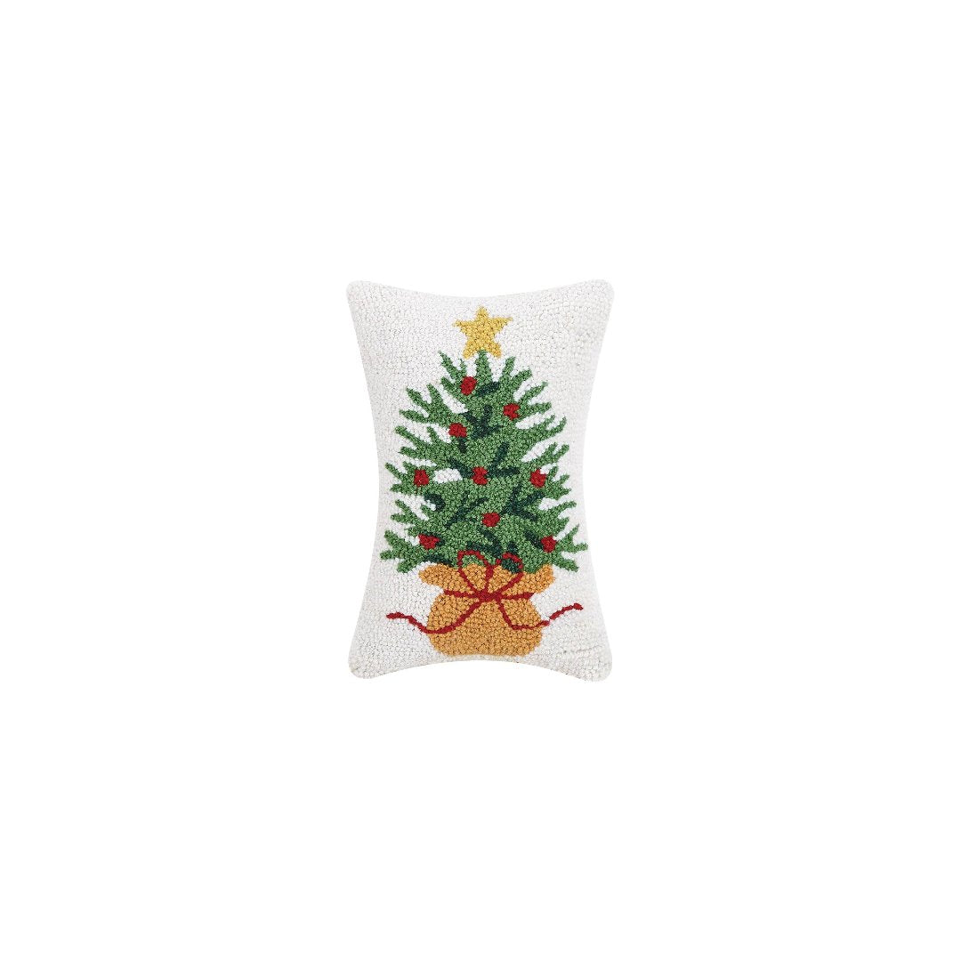 Christmas tree wrapped burlap bottom with red bow