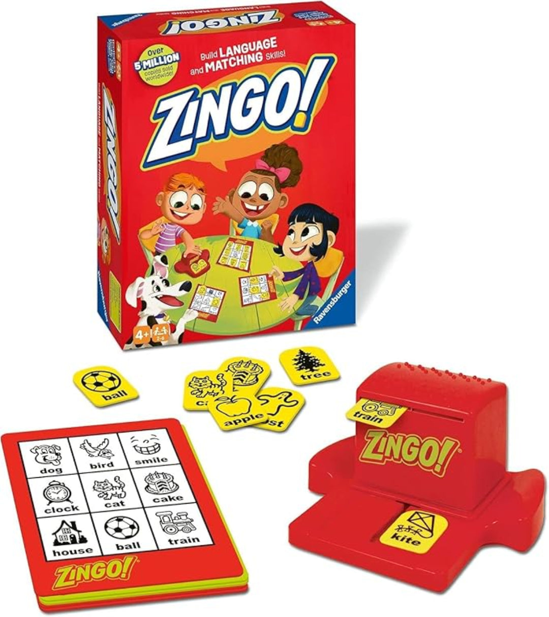 Zingo! game set with red box, cards, and scoring device on a white background