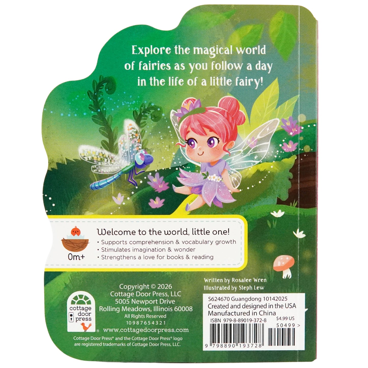 Back cover of a children's book with fairy illustrations and text.