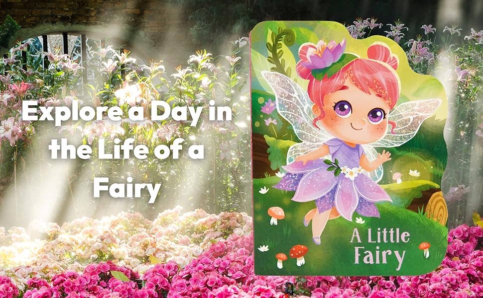 Fairy book cover with a fairy character and garden background