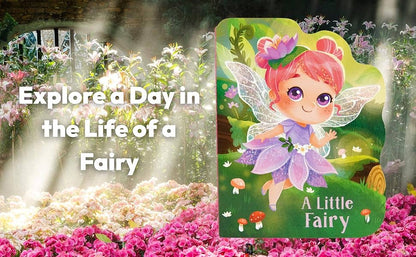 Fairy book cover with a fairy character and garden background