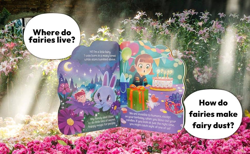 Children's book with fairy-themed illustrations on a floral background