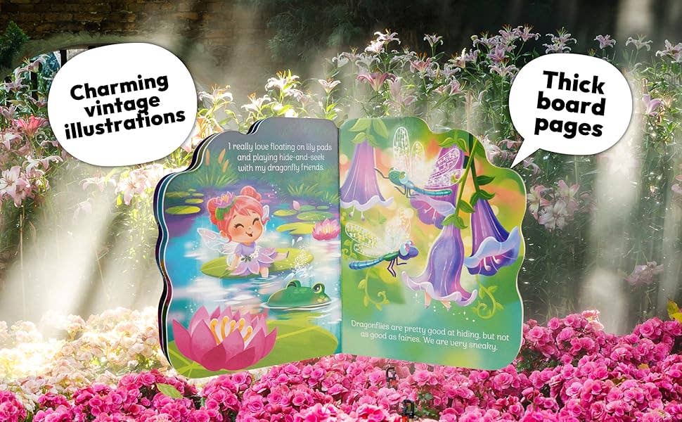 Children's book with fairy illustrations on a floral background