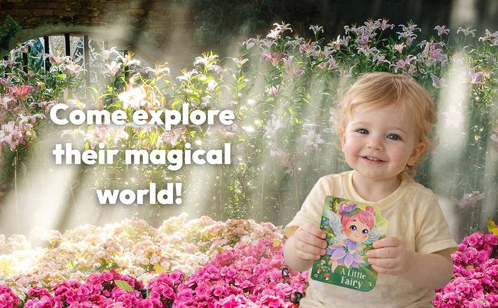 Child holding a book with flowers and text 'Come explore their magical world!'