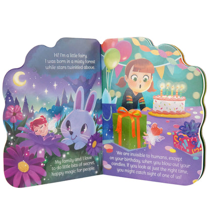 Open book with fairy-themed illustrations and text on a white background
