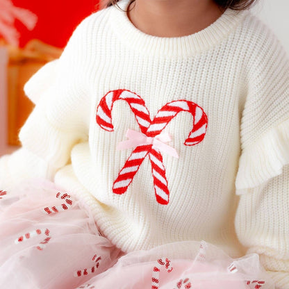 Sweet Wink - Candy Cane Christmas Ruffle Sweater - Kids Clothing -Holiday