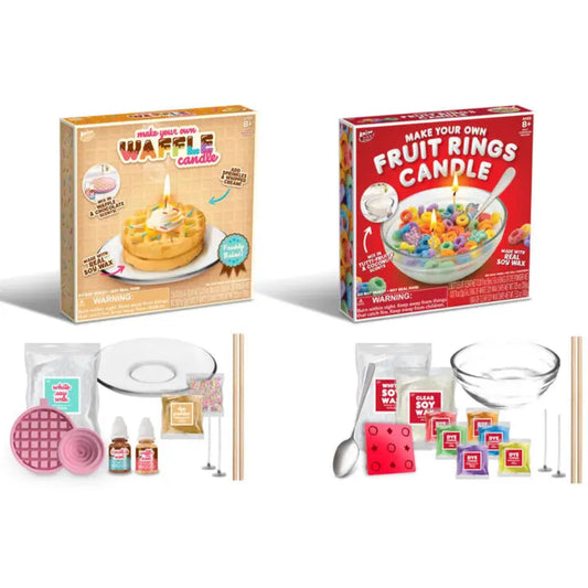 Two candle-making kits, one for waffles and the other for fruit rings, with their respective packaging and materials on a white background.