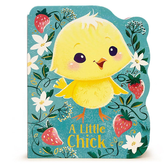 blue shaped board book with yellow chick and strawberries drawing
