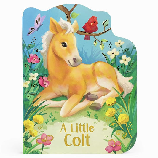 a colt in a field of flowers next to a bird and butterfly book cover