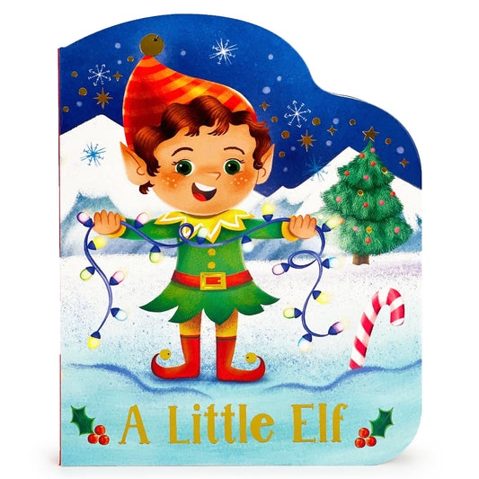 A elf holding Christmas lights standing in front of ice covered mountains and a christmas tree