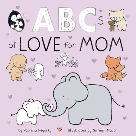 Book cover of 'ABCs of Love for Mom' with illustrations of animals and hearts on a light purple background.