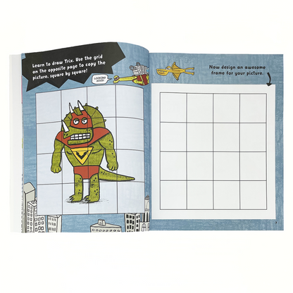 inside pages showing you how to draw a superhero dinosaur inside