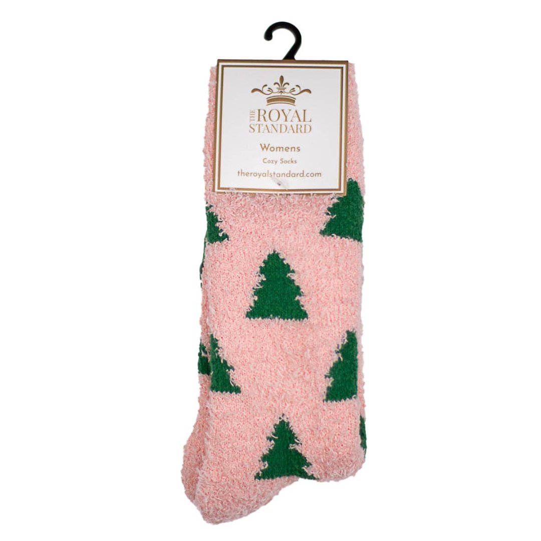 light pink fuzzy socks with christmas trees on them