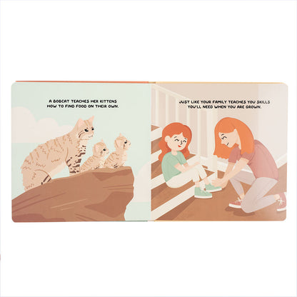 an expert from the book "all about family" - a bobcat teaches her kittens how to find food on their own. just like your family teaches you skills you'll need when you are grown.