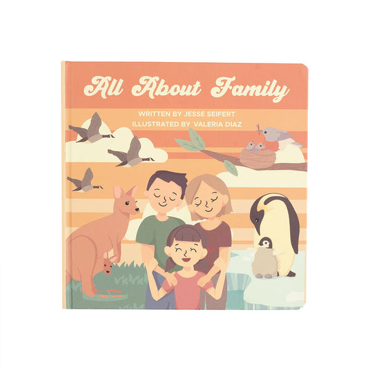 the "all about family" board book. written by Jessie Seifert, illustrated by Valeria Diaz. 