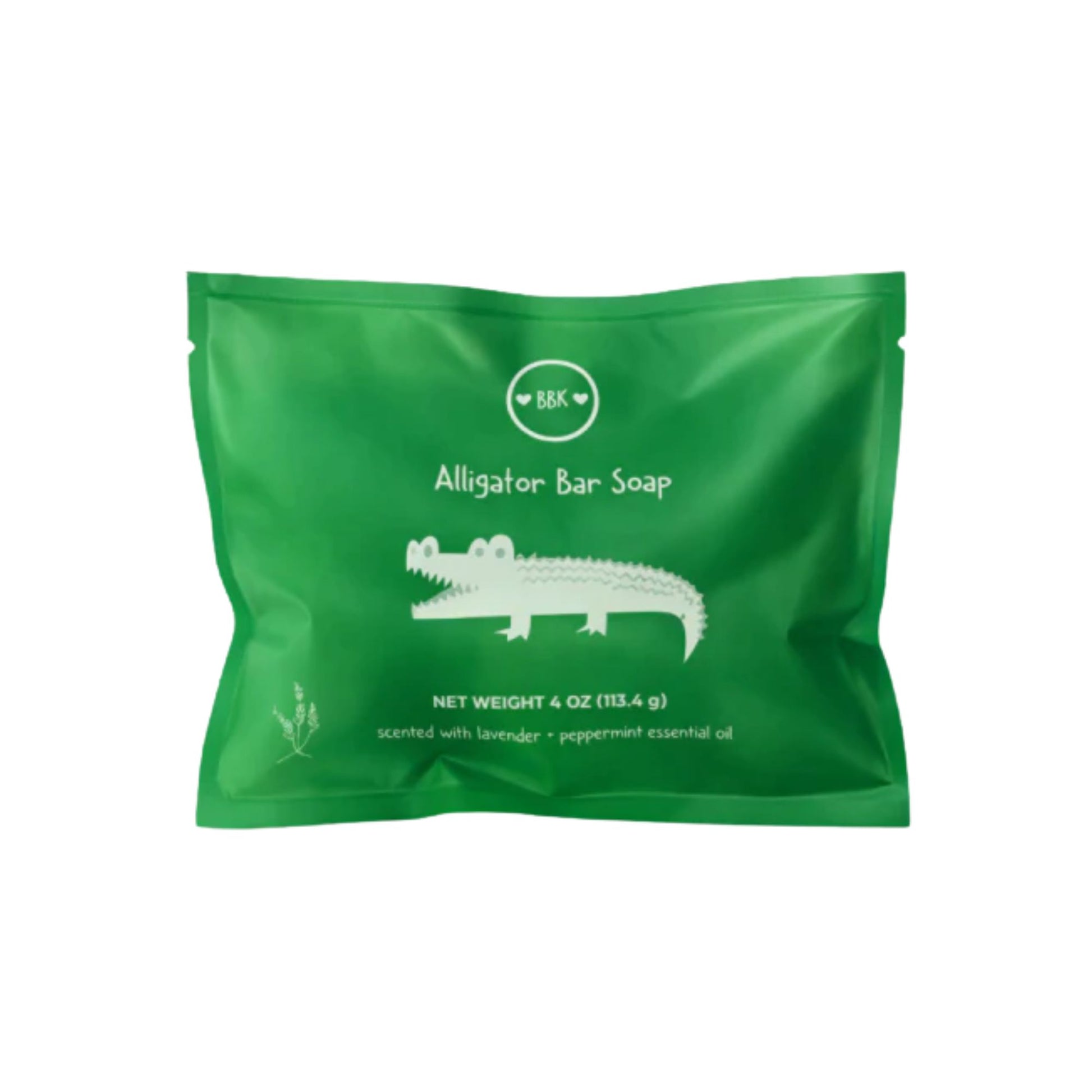 Green package of Alligator Bar Soap with an alligator illustration on a white background