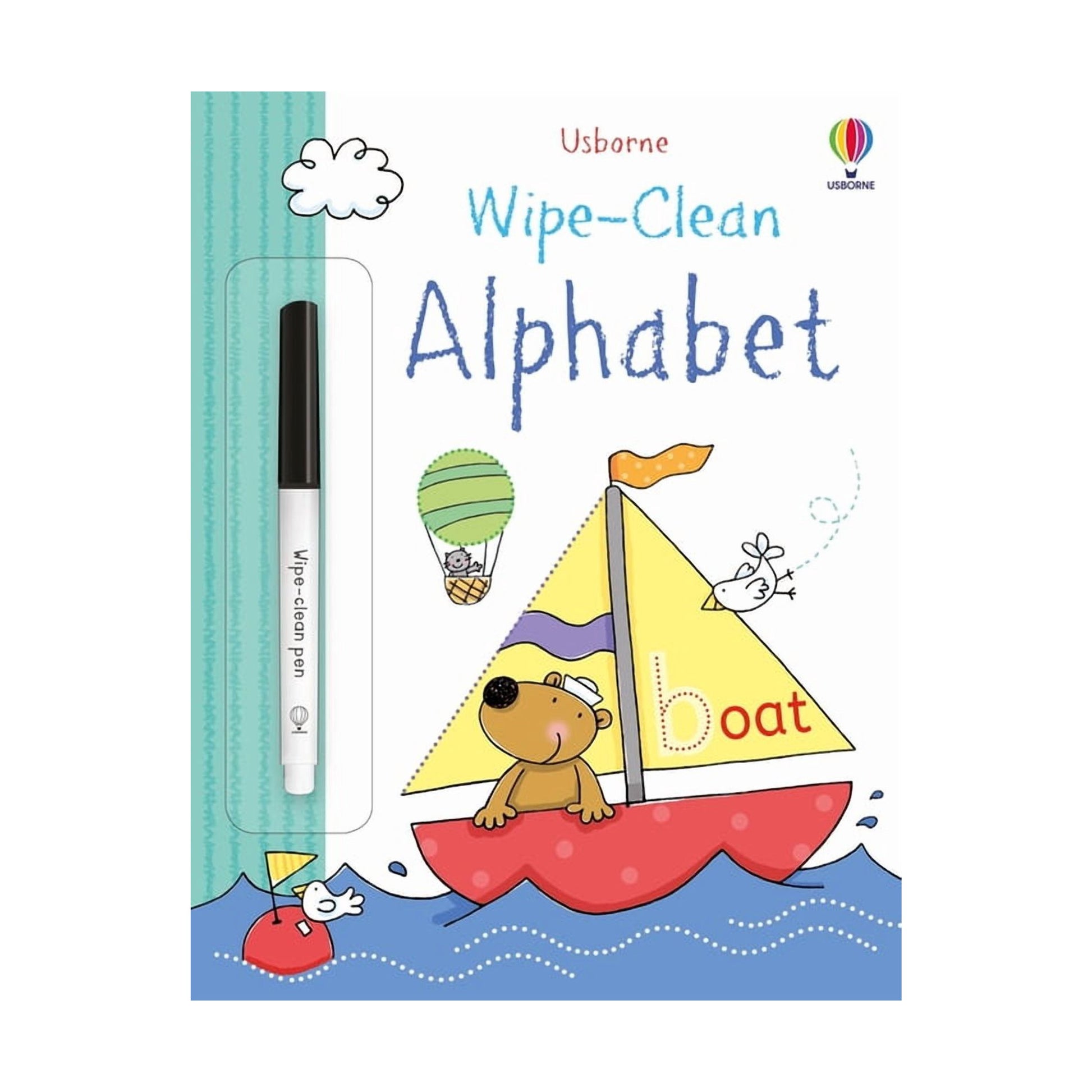 Wipe-clean alphabet book with pen and cartoon dog on a boat, Usborne brand visible
