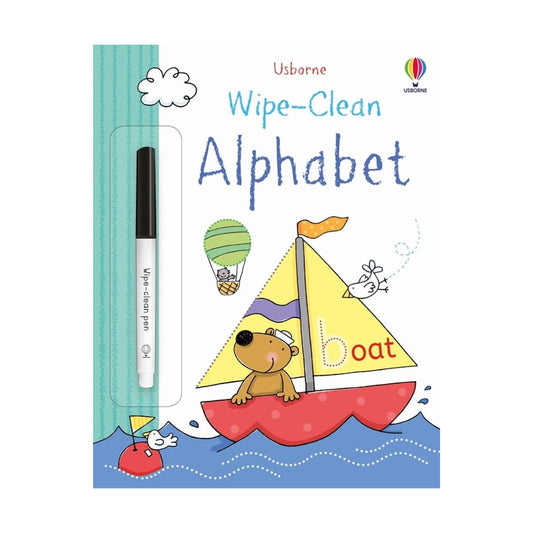 Wipe-clean alphabet book with pen and cartoon dog on a boat, Usborne brand visible