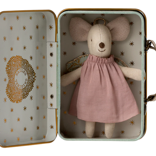 Maileg Little Sister Angel Mouse in Suitcase