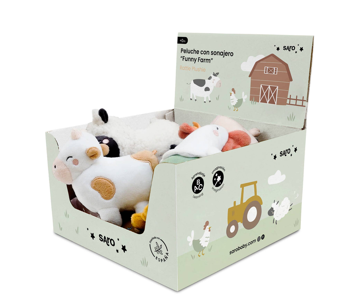Box of plush farm animal toys with a cow, chicken, and rooster inside, featuring Sapo branding.
