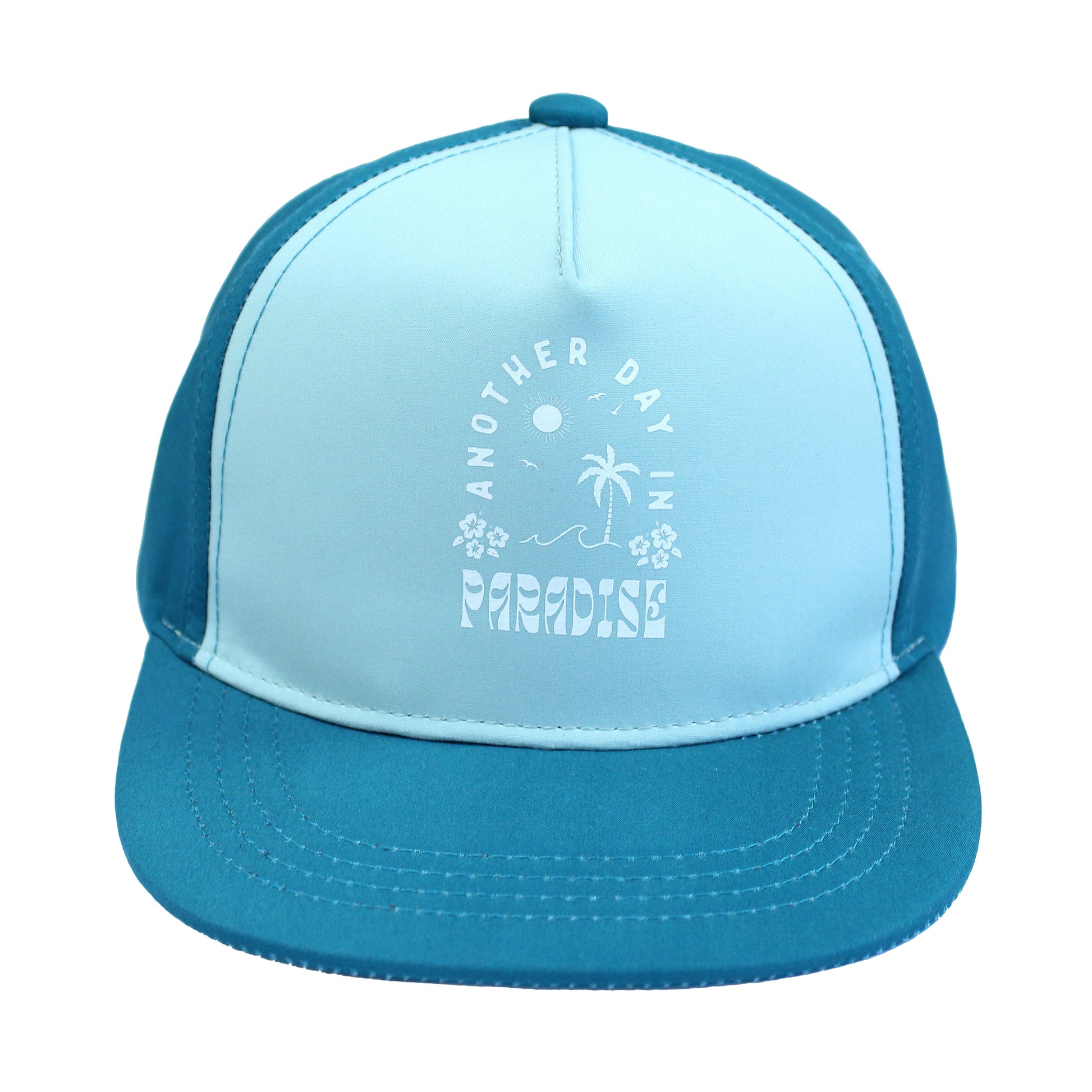 Another Day in Paradise Snapback Hat with a white background. 