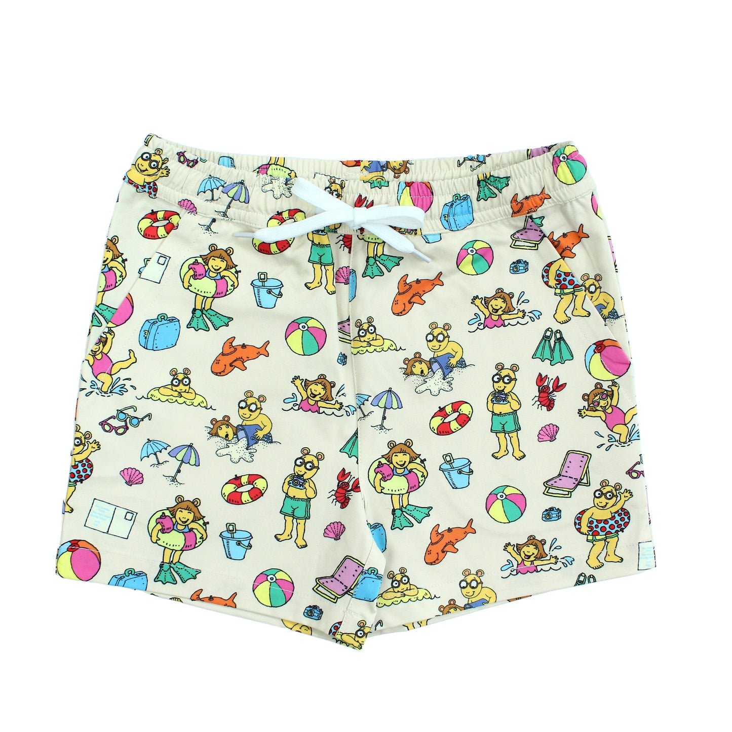 Emerson and Friends Arthur's™ Family Vacation Boys Swim Trunks, featuring a fun beach-themed print with Arthur and friends, adjustable drawstring waist, and quick-dry fabric for a comfortable and stylish swimwear option.