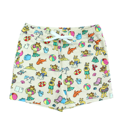 Emerson and Friends Arthur's™ Family Vacation Boys Swim Trunks, featuring a fun beach-themed print with Arthur and friends, adjustable drawstring waist, and quick-dry fabric for a comfortable and stylish swimwear option.
