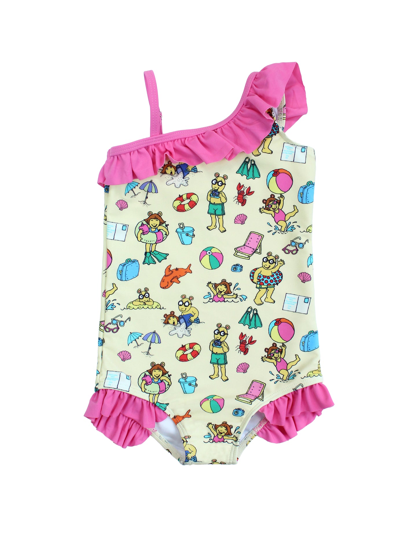 Emerson and Friends Arthur's Family Vacation Girls One-Piece Swimsuit, featuring a playful beach-themed print with Arthur and friends, ruffle details on the shoulder and legs, and a soft, stretchy fabric for a fun and comfortable swimwear option.