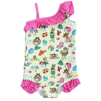 Emerson and Friends Arthur's Family Vacation Girls One-Piece Swimsuit, featuring a playful beach-themed print with Arthur and friends, ruffle details on the shoulder and legs, and a soft, stretchy fabric for a fun and comfortable swimwear option.