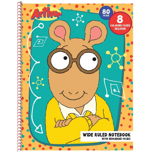 a wide ruled notebook with Arthur standing in front of a chalkboard on the cover
