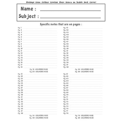 inside page of a notebook and it has a place for Name, Subject, specific notes