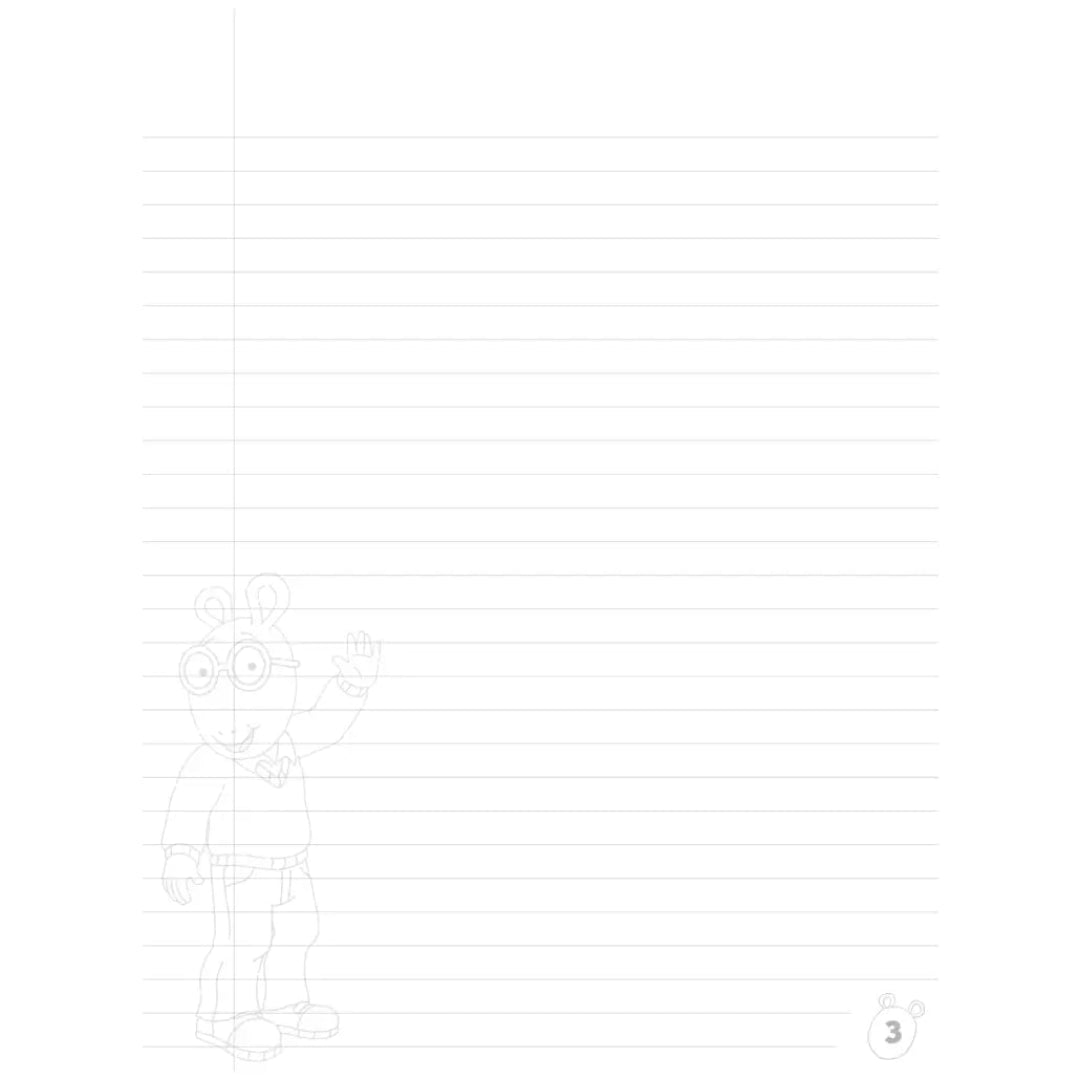 a notebook paper with a light image of arthur in the bottom left corner
