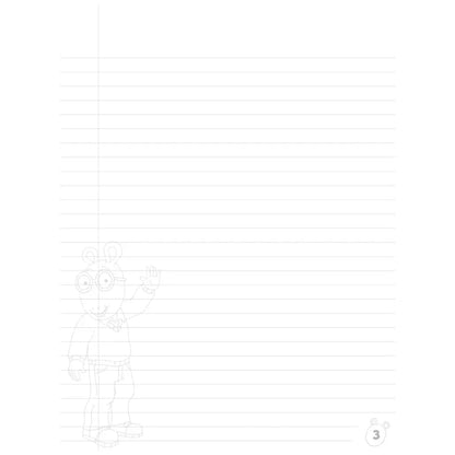 a notebook paper with a light image of arthur in the bottom left corner