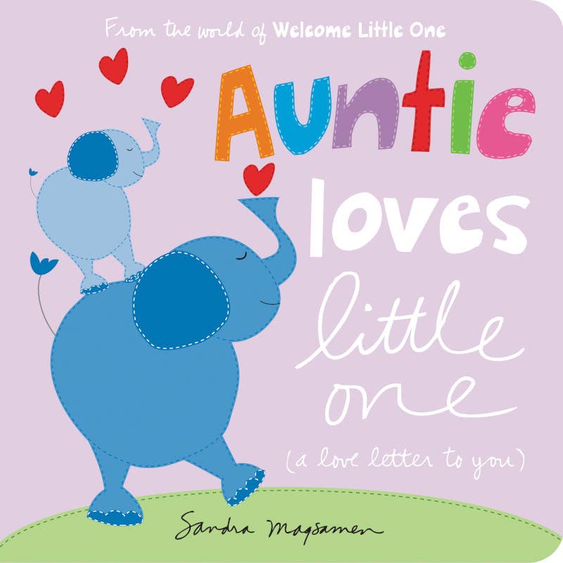 Book cover with blue elephant, red hearts, and colorful text on a light purple background.